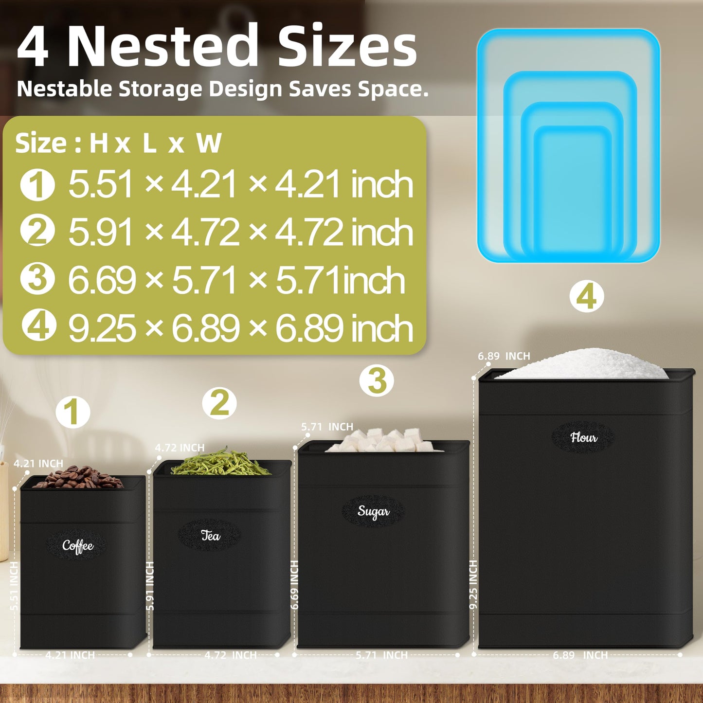 Canisters Sets for the Kitchen Set of 4, Metal Sugar Flour Coffee Storage Containers for Countertop with Airtight Lids, Customizable Chalkboard Labels & Marker Pen, Storage Jars Canisters - Black