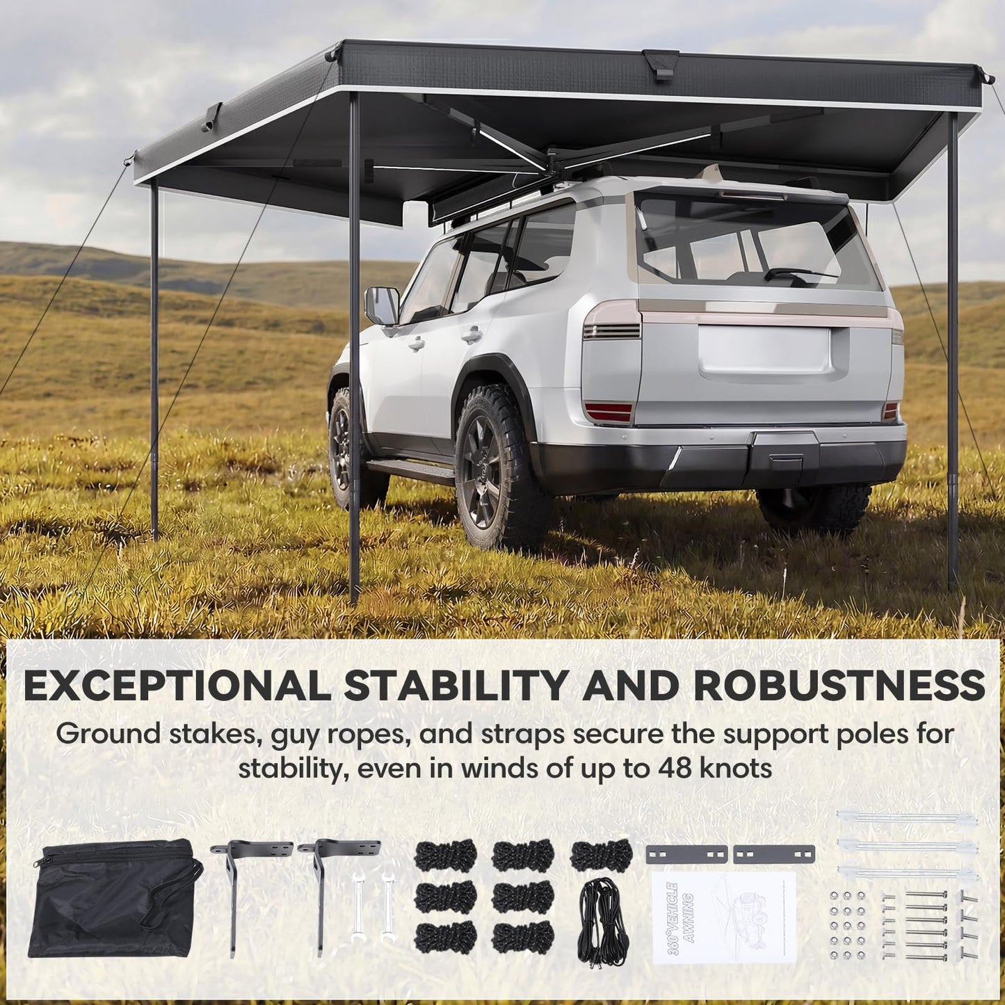 EROMMY 270 Degree Car Side Awning with Built-in LED Light, Fan-Shaped Wide Coverage for SUV, Van, Camper and Truck, Waterproof Overland Camping Shelter