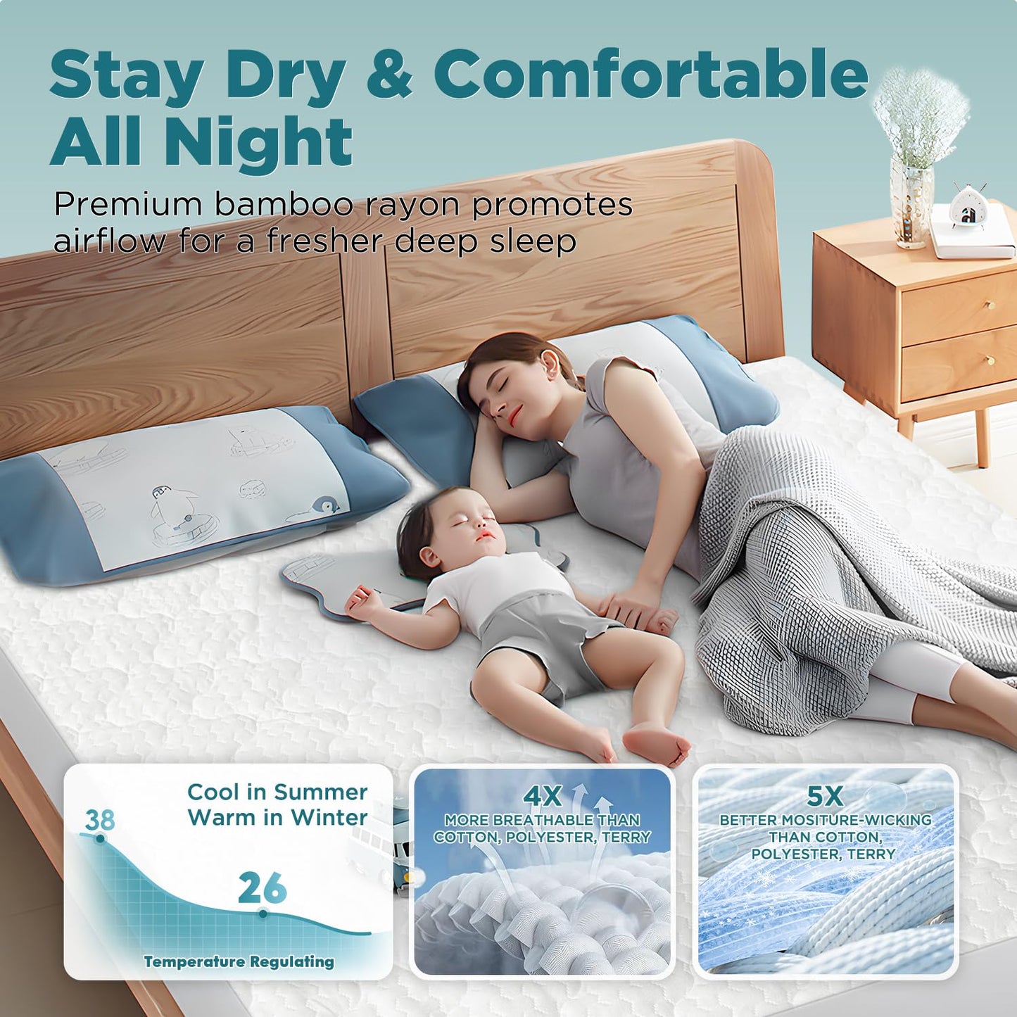 5-Sided Waterproof Mattress Protector, King Size Quilted Bamboo Rayon Mattress Cover, Breathable Cooling Noiseless Bed Fitted Sheets, Soft Bedding Pad with Deep Pocket Up to 18"
