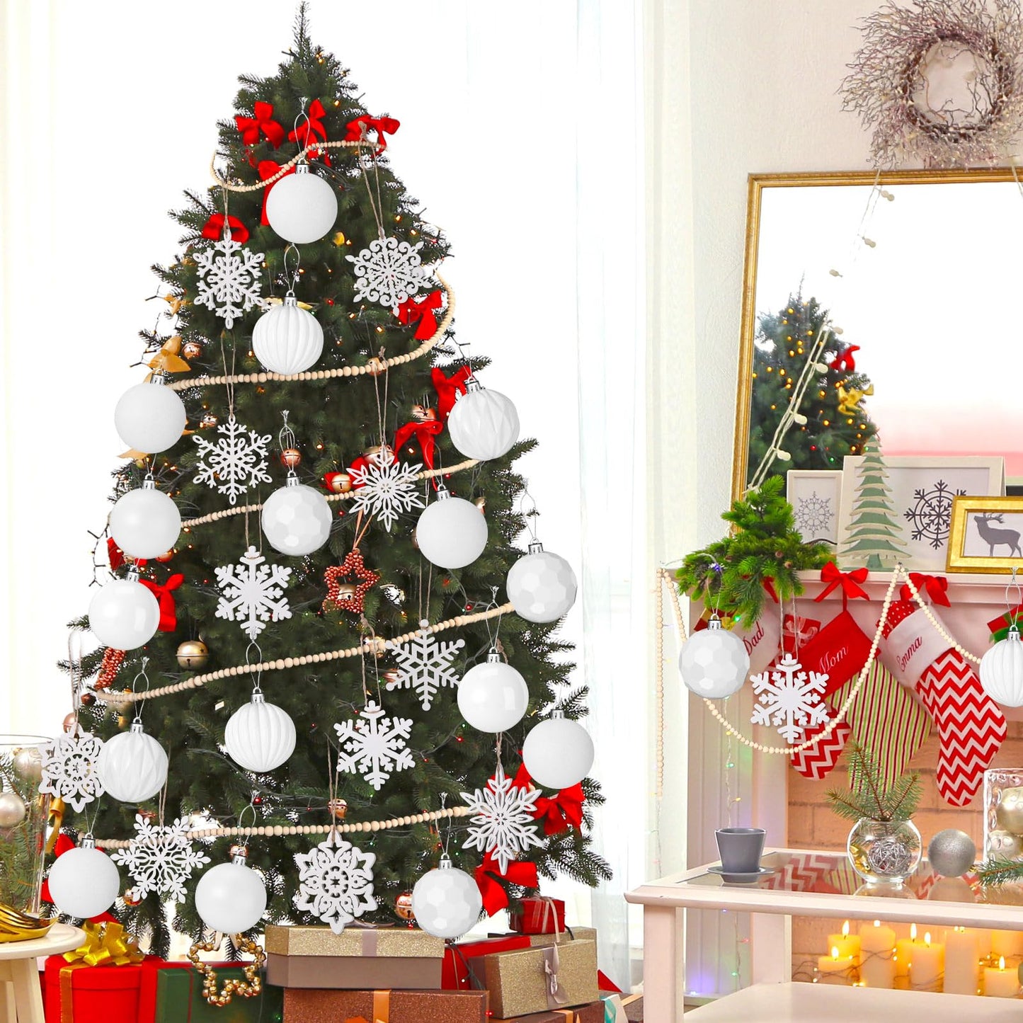 Aoriher 45 Pcs Christmas Tree Ornament Set,34pcs Christmas Ball Ornaments with Xmas Wooden Bead Garland Snowflake Ornaments for Xmas Tree Holiday Wedding Party Wreath Home Decoration(White)