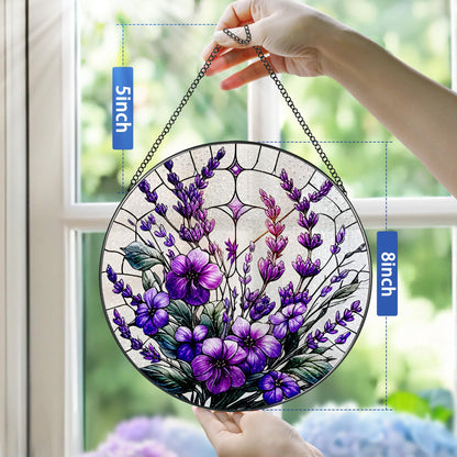 Bauhinia&Violets Flower Stained Glass Suncatcher, Stained Glass Window Hanging, 8 Inch Window Hanging Decor, Christmas, Mother's Day, Birthday Gifts for Mom, Grandma, Women, Wife, Lovers