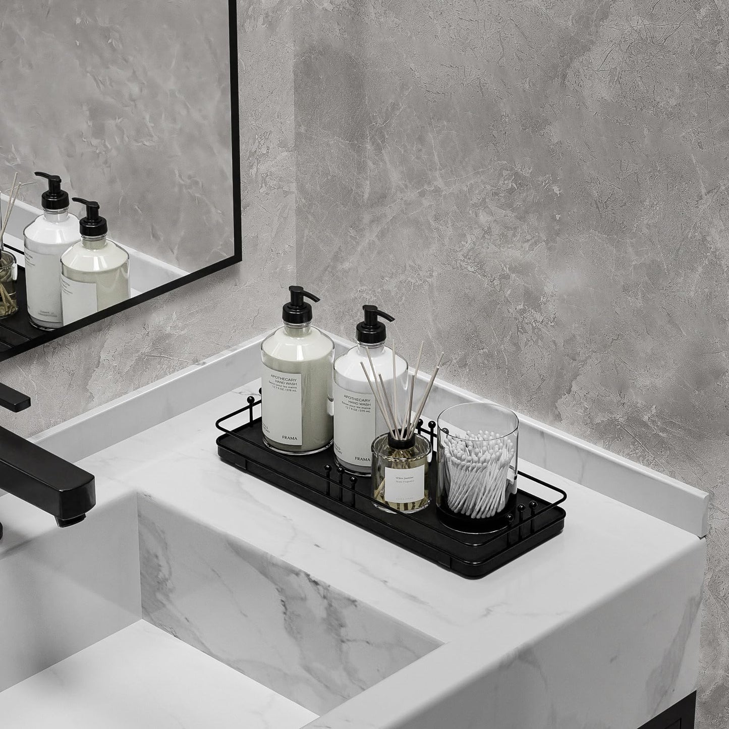 Pursura Bathroom Vanity Tray for Countertop Toiletries Perfume Makeup Soap Dispenser Toilet Tank, Kitchen Tray for Salt Spice, Black Decor Tray for Candle Nightstand Coffee 11.3”x 4.4”