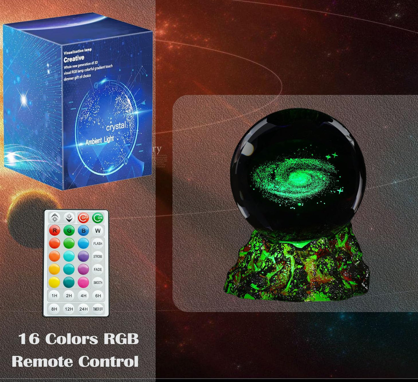 Colortown Galaxy Crystal Night Light, 3.15 Inch (80mm) K9 Crystal, Upgraded Volcanic Lava Base 3D Lamp with Remote, 16 Colors Cosmic Orbs, Space Gifts for Holiday Birthday Xmas
