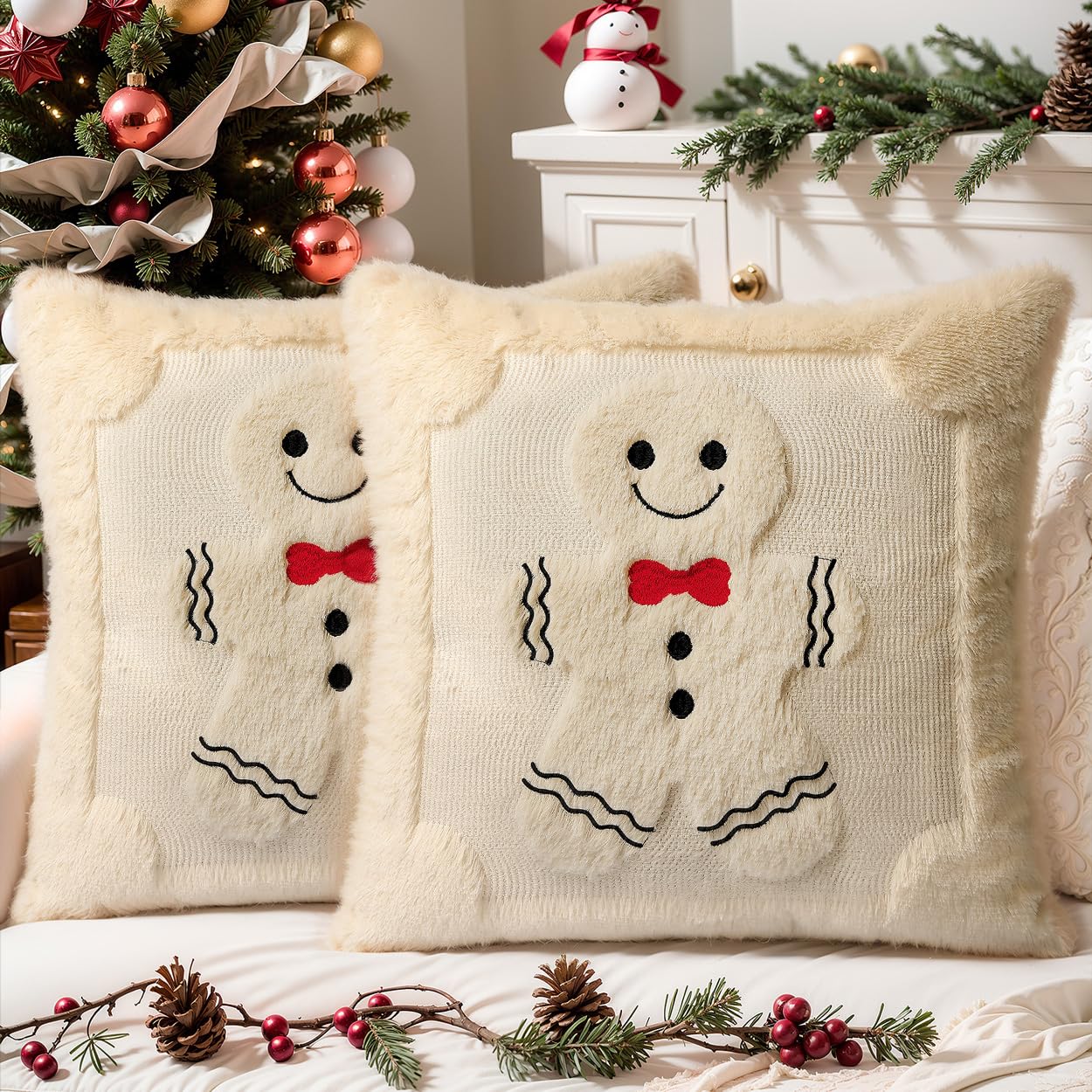 SEGXCFL Christmas Pillow Covers Set of 2 Soft Plush Faux Fur Pillow Cases 3D Embroidered Decorative Couch Cover Home Decor Christmas Throw Pillow Covers 18x18,Beige Gingerbread Man