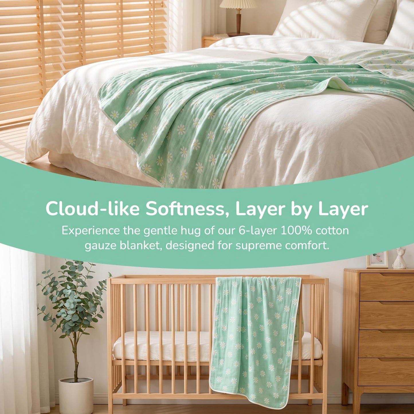 SANACYNA 6-Layer Gauze 100% Cotton Muslin Blanket Sunflower Queen Size 90"x90" Bed Blanket Lightweight Soft And Breathable Blanket For Sofa Bed Coverlet All Seasons Both sides (Green, Queen (90"x90"))