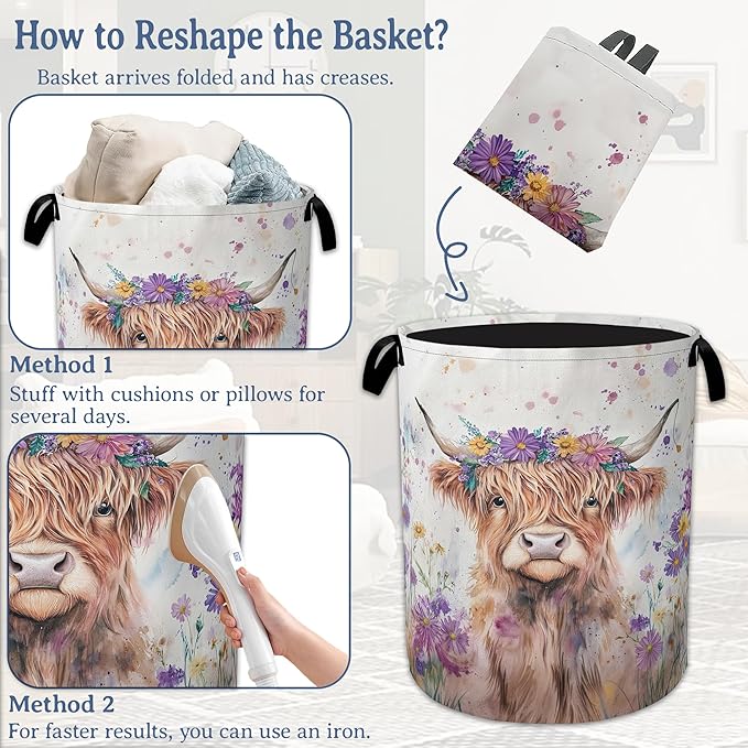 Highland Cow Laundry Basket, Foldable Oxford Cloth Flower Funny Laundry Hamper