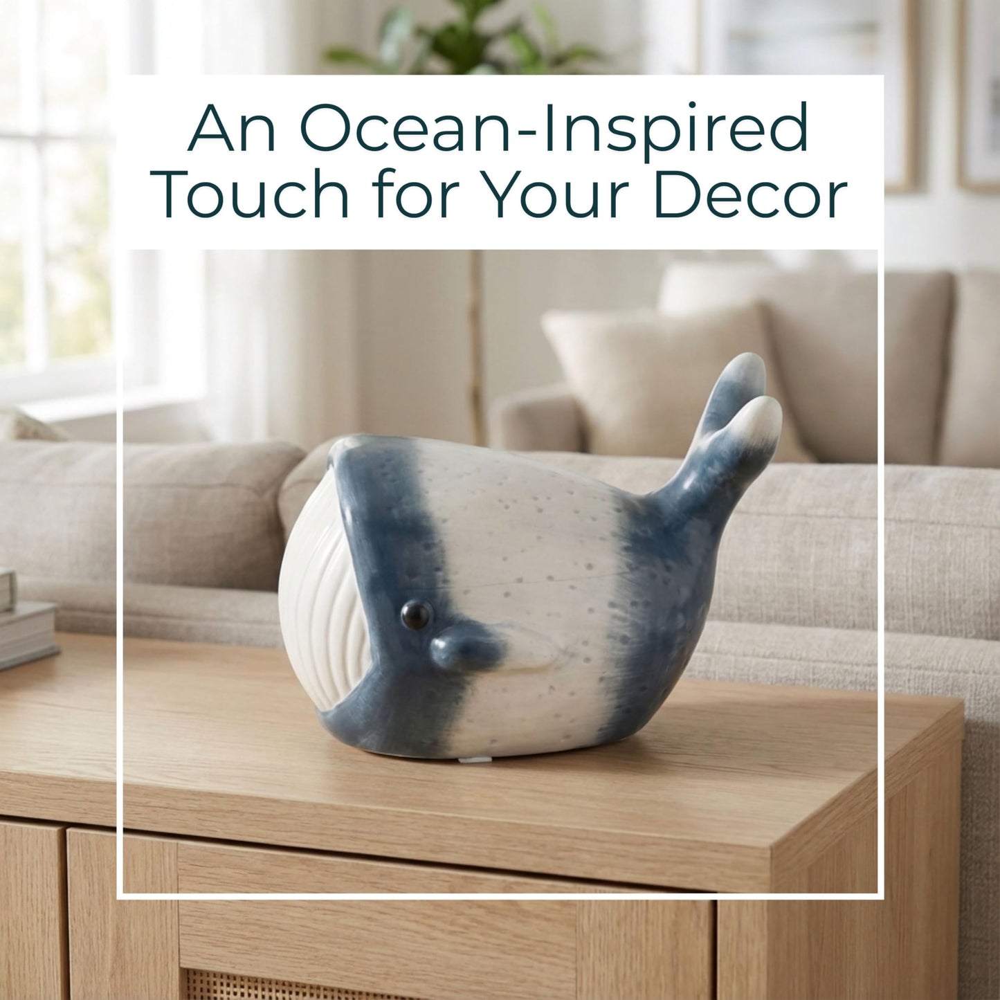 Blue Whale Figurine – Coastal Stoneware Sculpture, Ocean Animal Ceramic Statue for Shelf or Coffee Table Display, Nautical Accent for Living Room or Office Home Decor – 5", Blue & White