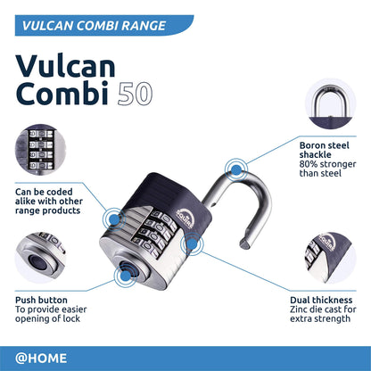Squire Heavy Duty Padlock (Vulcan Combi 50) - Toughest Open Shackle - 4 Wheel Vulcan Padlock - Steel Cast Alloy for Corrosion Resistance - Weatherproof Lock for Home, School & Shed (Blue, 2")