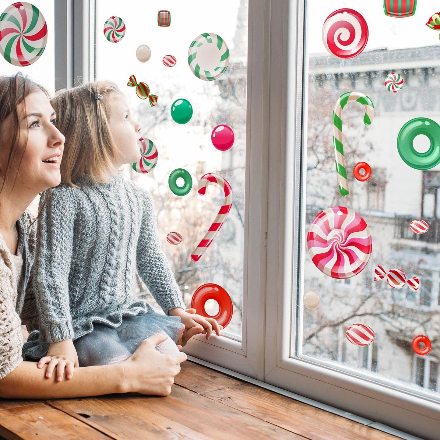 WALPLUS Christmas Window Clings Christmas Decorations Clearance Christmas Wall Sticker Double-Sided Reusable Peel and Stick Removable for Glass Living Room Xmas Peppermint Candy and Sweets 46 Pieces
