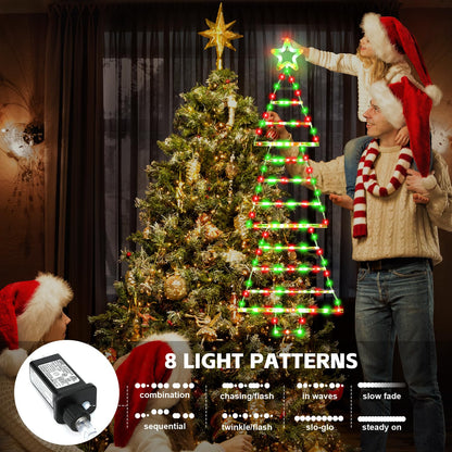 PUHONG (New) Christmas Ladder Lights, 4.6ft Christmas Decorations with Star Topper, Xmas Hanging Ornament with 8 Light Modes, LED Indoor String Lights for Doors, Walls and Windows - Red&Green