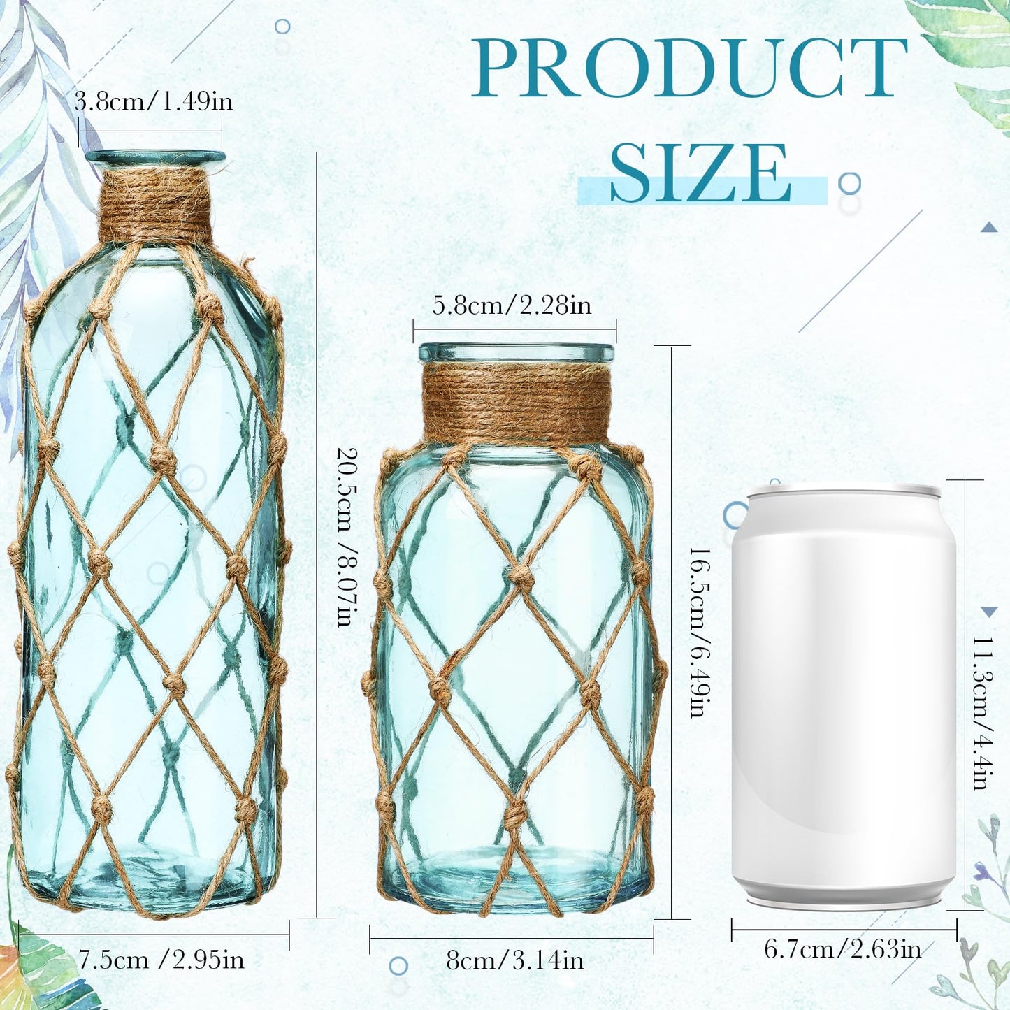 Chuangdi Set of 2 Coastal Glass Vases for Flowers TSITP Flower Vase with Boho Rope Small Sea Glass Jar Nautical Beach Bottle for Wedding Table Centerpieces Floral Arrangement Decor(Light Blue)