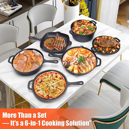 QuliMetal Seasoned Cast Iron Cookware Set, 5-Piece Bundle – 11" Grill Pan, 12" Skillet, 5QT Dutch Oven, 3.2QT Dutch Oven with 1.6QT Skillet Lid, Pre-Seasoned Cast Iron Pots and Pans for Home Cooking