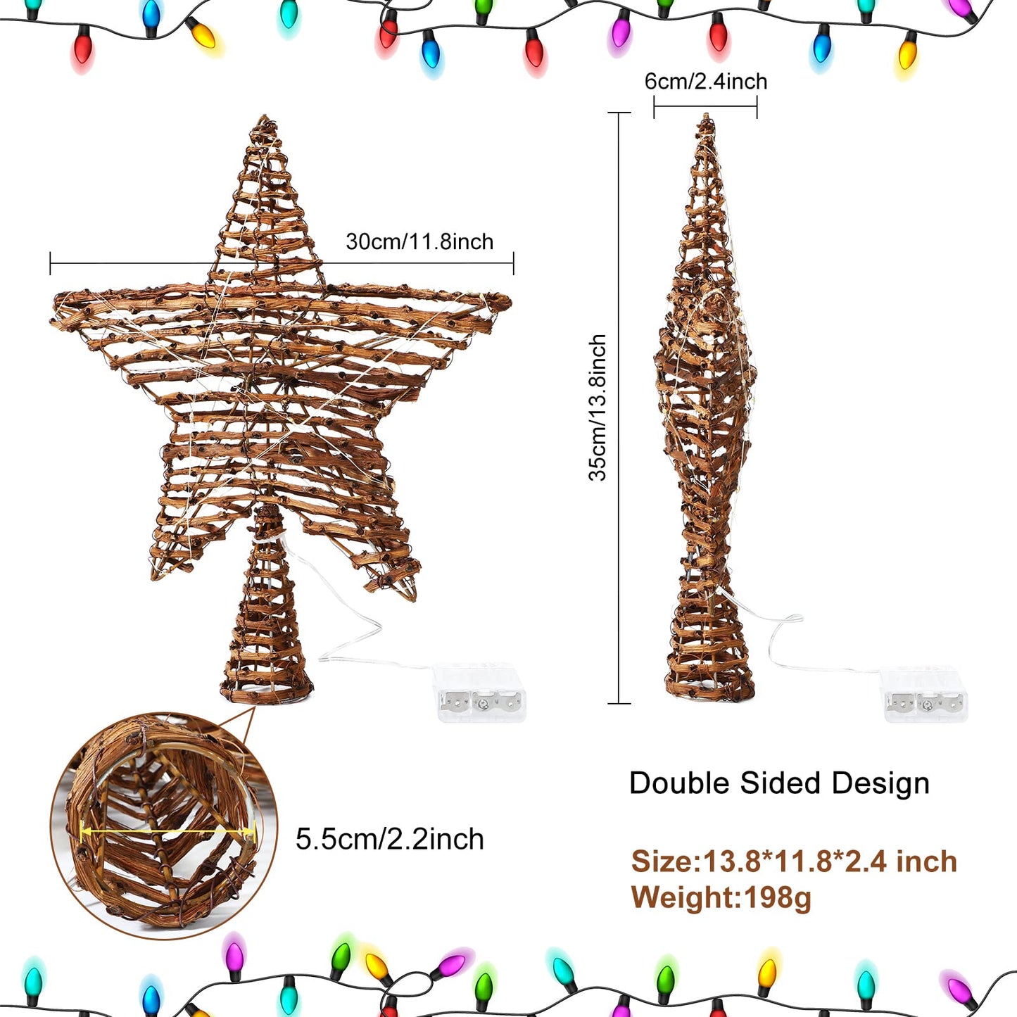 Threan Christmas Rattan Star Treetop, 14 Inch Burlap Rattan Star Tree Topper with Warm Lights Rustic Xmas Treetop Decoration for Christmas Tree Ornament Home Party Indoor(10 Lights)
