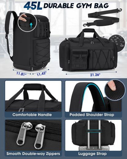 SDYSM Gym Bag for Men 45L Sports Duffel Bags 3-in-1 Travel Duffel Bag with Shoe Compartment, Gym Workout Backpack Carry On Weekender Bag Overnight Bag for Travel, Black