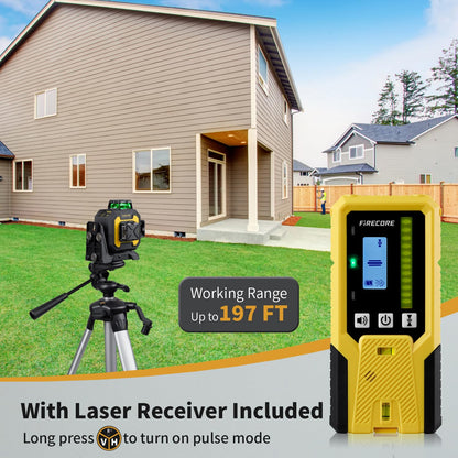Firecore Laser Level with Receiver Kit, 1/13" High Accuracy, Laser Level 360 Self Leveling with Pulse Mode for Outdoor Up To 197ft, Rechargeable Green Line Laser for Home Renovation Construction-F93