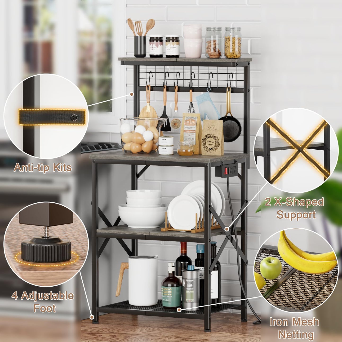 Furologee Kitchen Bakers Rack with Power Outlet, Microwave Oven Stand with Storage 4 Tiers, Coffee Bar Table with 6 S Hooks, Kitchen Storage Shelf Rack for Spices, Pots, Rustic Brown