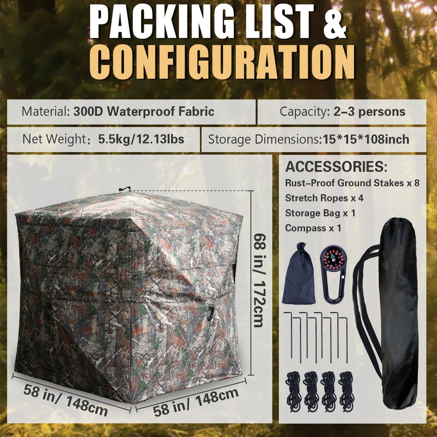 Beviliu Hunting Blinds 360 Degree See Through Ground Blind for Turkey Hunt, 2/3/4 Person Hunting Gear, Turkey Hunt Accessories Camouflage Portable Pop Up Deer Blinds for Hunt