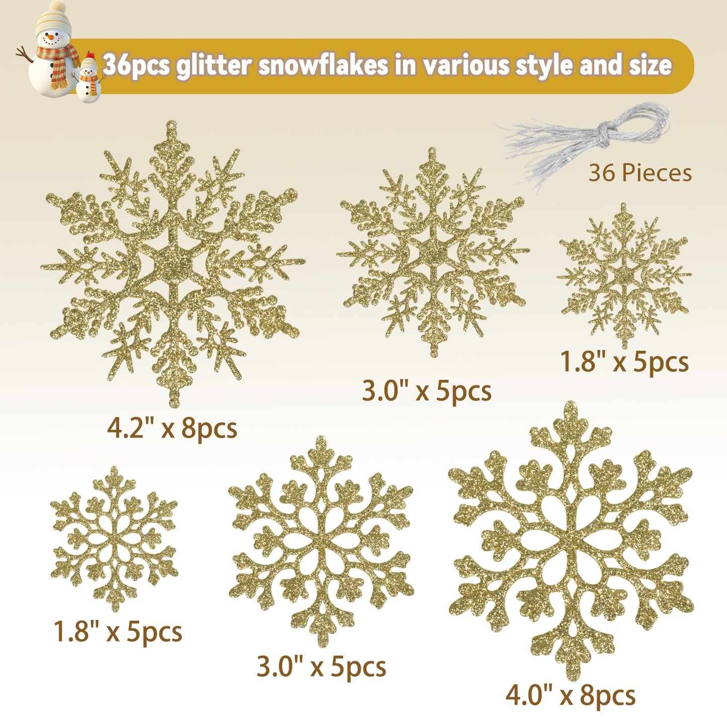 36pcs Christmas Gold Snowflake Ornaments Plastic Glitter Snow Flakes Ornaments for Winter Christmas Tree Decorations Size Varies Craft Snowflakes