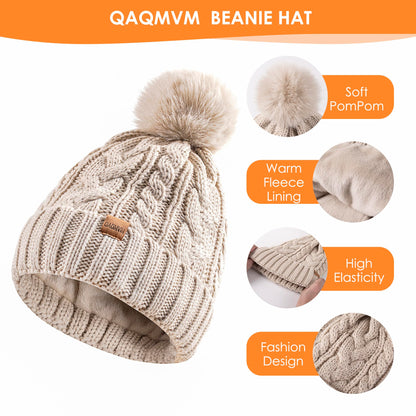Winter Beanie Hat Gloves Set for Women, Pom Pom Fleece Lined Hat Knit Touchscreen Gloves