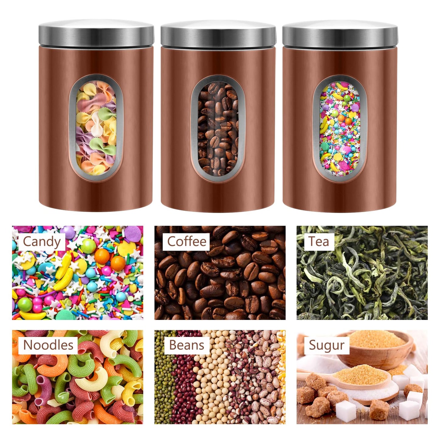QYQRQF Canisters Sets for the Kitchen, 3pcs Sugar Flour Tea Coffee Storage Jars Stainless Steel Food Container Organizer for Kitchen Counter with Transparent Window (bronzy)