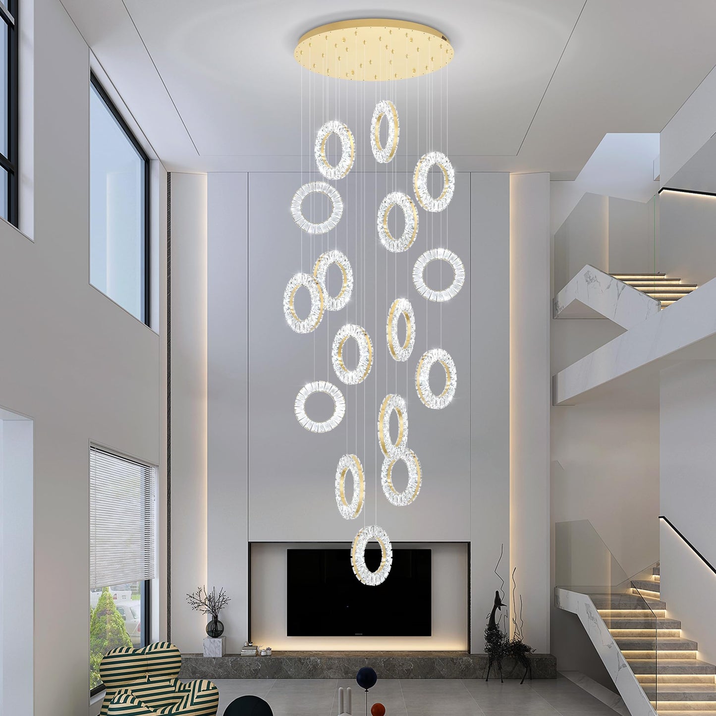 ykolupty 16 Rings High Ceiling Chandelier,Crystal Rings Chandelier,Staircase Chandeliers for High Ceilings,Foyer Chandeliers Entryway High Ceilings
