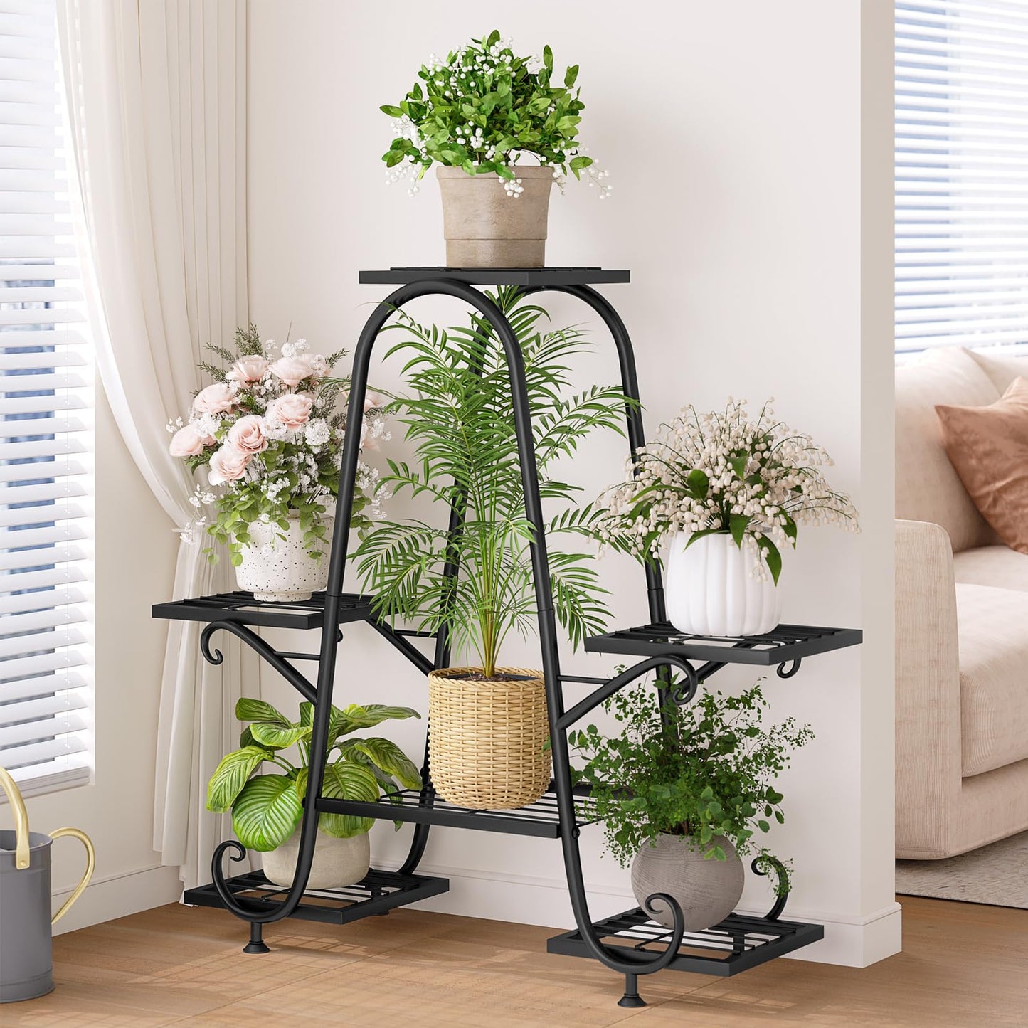 INGIORDAR Plant Stand Indoor Outdoor Shelf Metal Holder Pot Rack Multiple Plants Stand Tall 6 Pot Flower Shelf Corner Living Room Garden,Black (Black, 6 Pots)