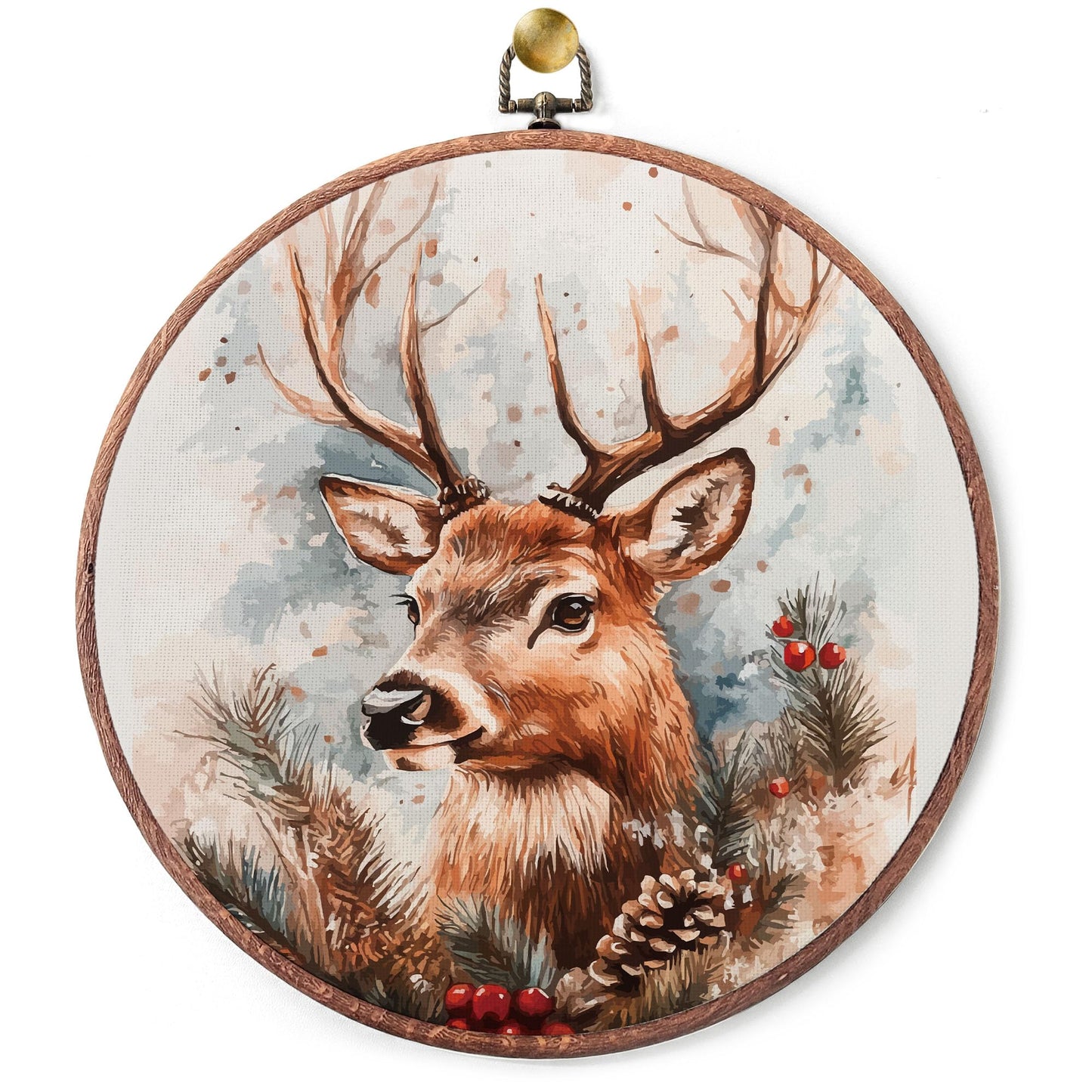 heiyihe Round Christmas Reindeer Canvas Hanging Prints, 10x10 Inches Round Christmas Canvas Frame Wall Art Decor, Embroidery Kit Decor for Home Living Room, Xmas Gift Ideas for Family Friends-A12