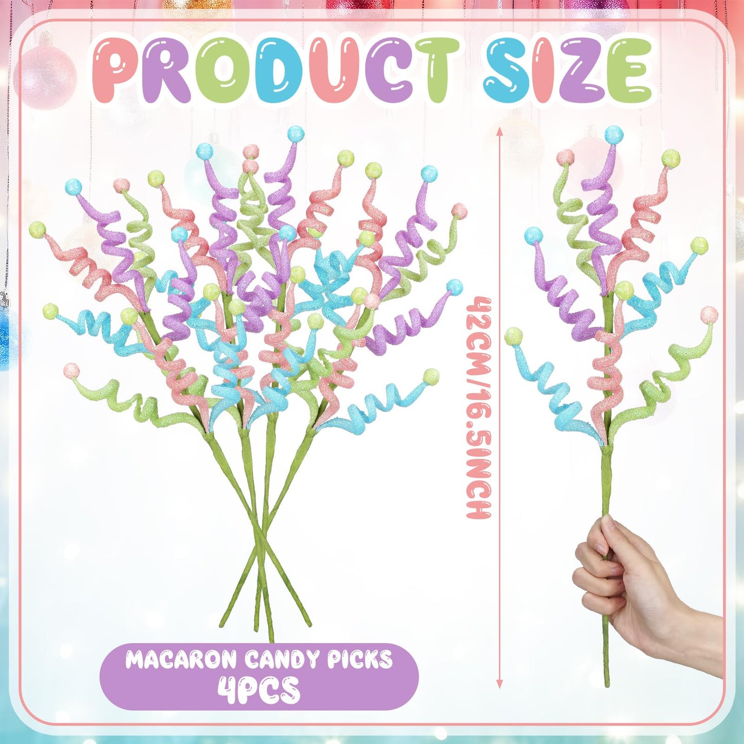 Vertintong 4 Pcs 16.5 inch Christmas Pastel Tree Picks Glitter Curly Spray Tree Topper Decorations Candy Cane Style Frosted Spiral Stems for Xmas Party Wreath Vase Garland Home Centerpieces
