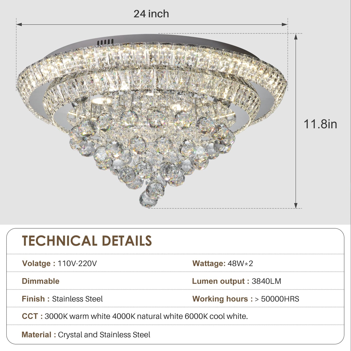 Miuyhji Elegant LED Crystal Raindrop Ceiling Light, 24" Flush Mount Chandelier Light Fixture with Remote Control for Living Room, Kitchen, Island, Bedroom, Hallway Entryway Foyer(Dimmable)