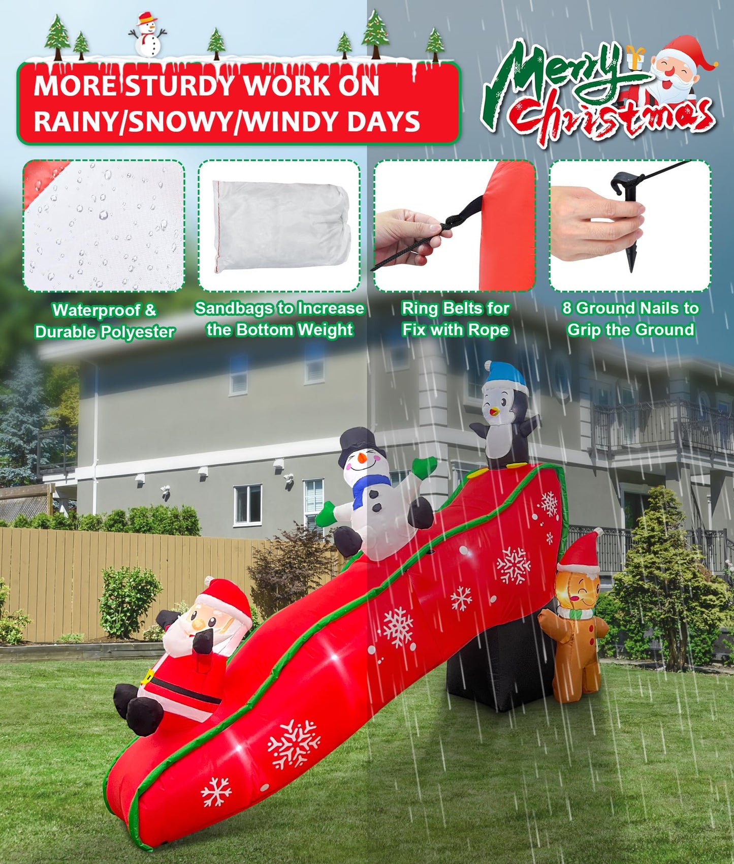 EAONE 7FT Christmas Inflatables Outdoor Decorations, Cute & Funny Inflatatable Christmas Santa Snowman Slide Blow Ups Yard Decoration with Lights for Garden Lawn Home Xmas Holiday Season Decor