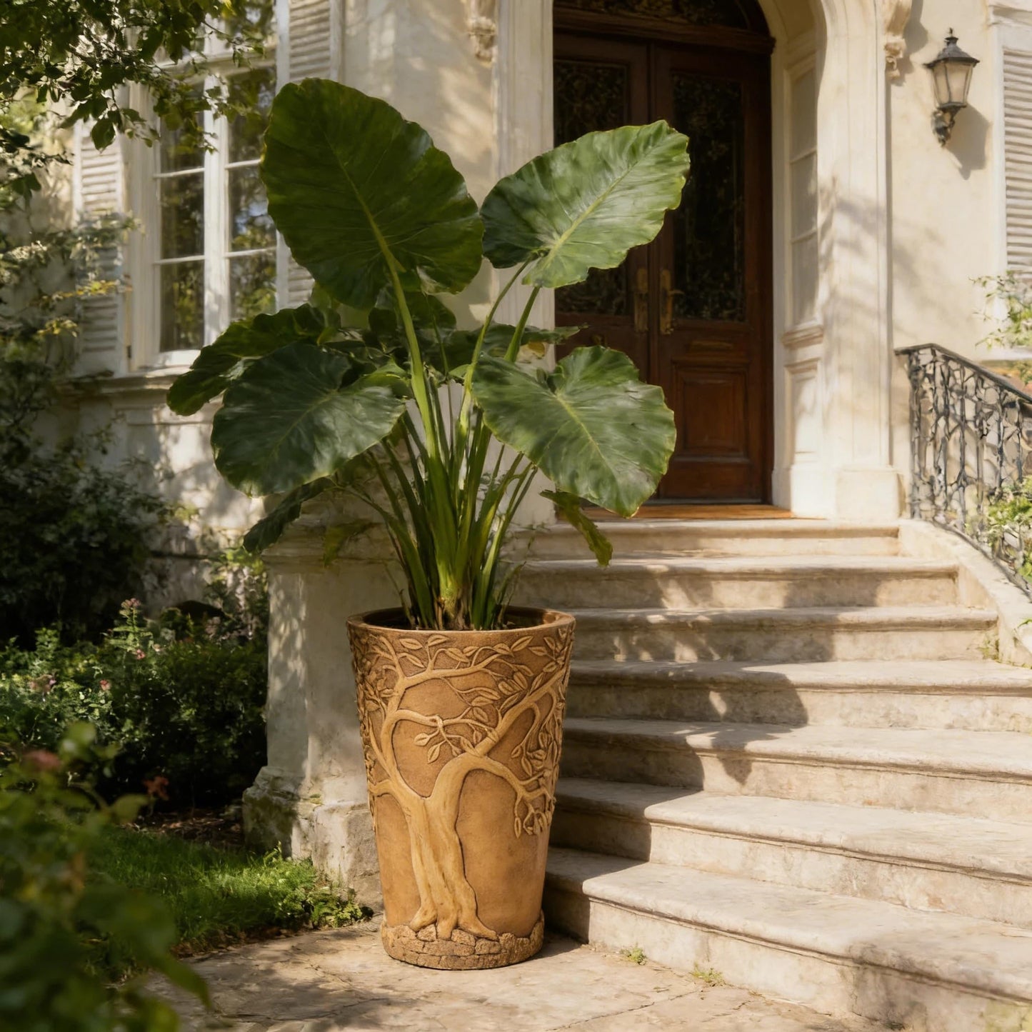Merax 25.2" Tall MGO Planter, Antique Bronze Tree Embossed Indoor Outdoor Plant Pot, Cylindrical Weather-Resistant Large Planter with Drainage Hole for Trees, Shrubs, Patio Decor, Antique Bronze