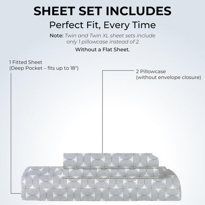 Mayil Manor Queen Size Fitted Sheet with 18" Deep Pockets, No Flat - Percale Weave Natural - Breathable 100% Cotton Printed Bedding, 1 Fitted Sheet + 2 Pillowcases - Semi Circle Print
