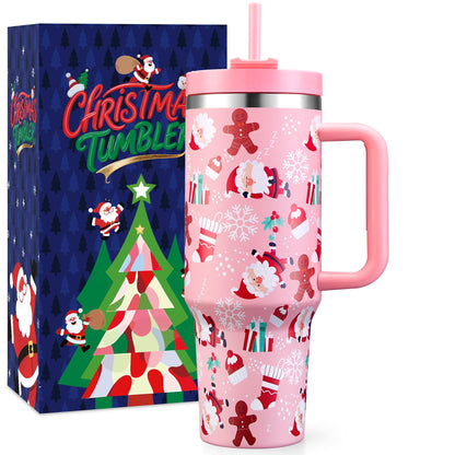 TaroKitc Christmas Gifts for Women Men, 40 oz Christmas Tumbler with Handle and Straw Lid, Xmas Insulated Stainless Steel Travel Coffee Mug, Cup Holder Friendly, Pink Santa and Gingerbread Man