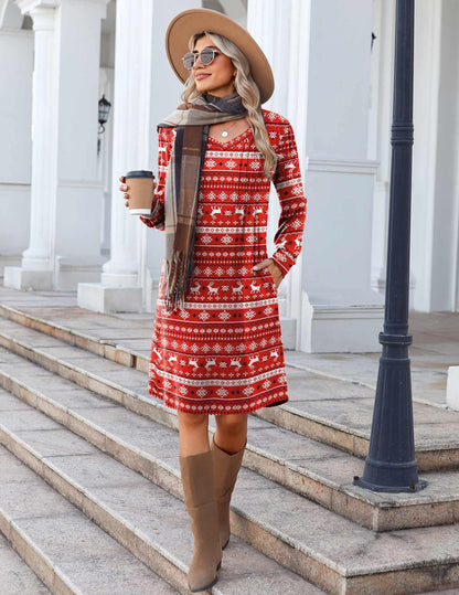 Zeagoo Christmas Dress for Women Reindeer Printed Dresses for Xmas 2025 Fall Winter Holiday Dress Red Holiday,Xmas Reindeer L