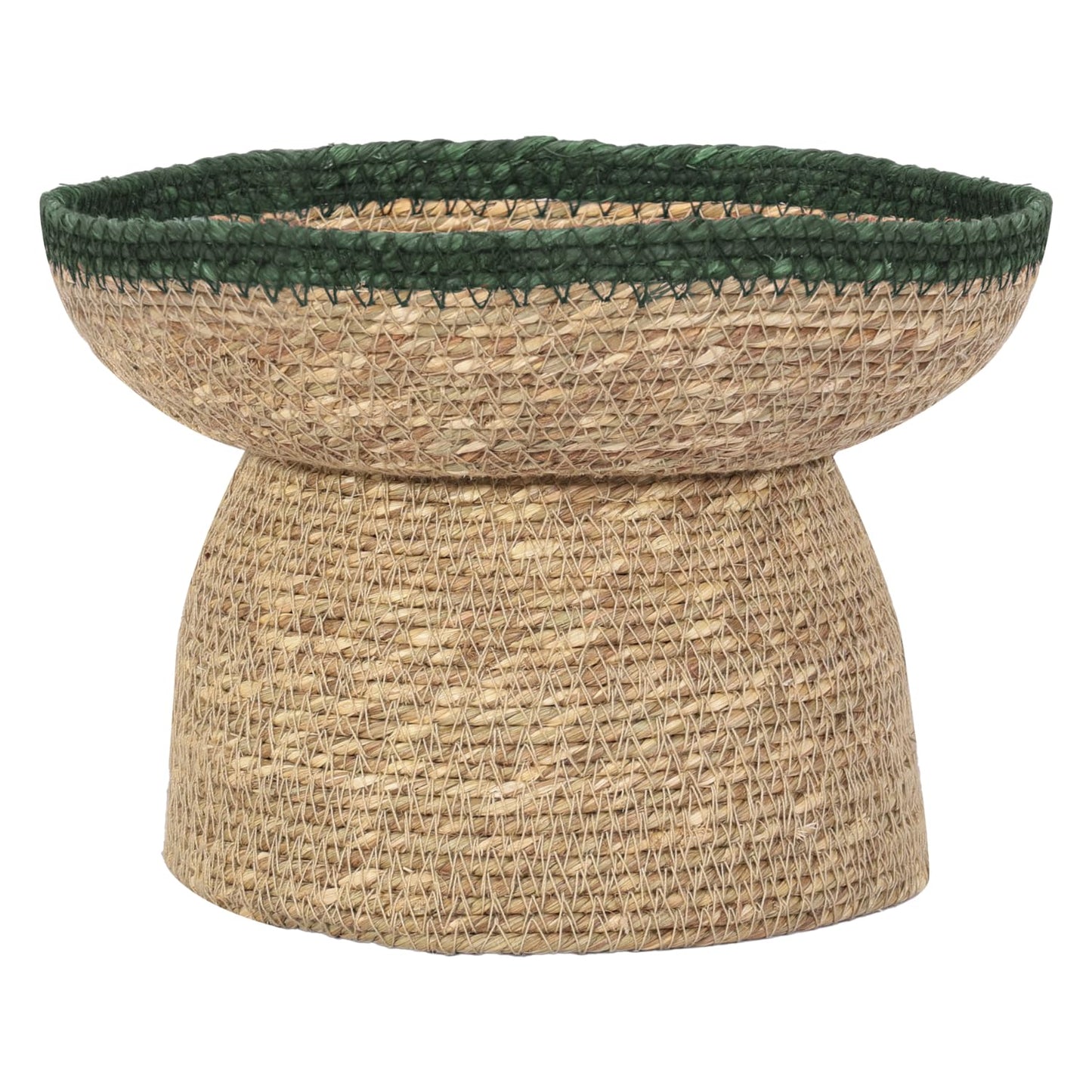 Lagena Decorative Pedestal Bowl, Handwoven Natural Grass Key Bowl and Fruit Bowl, Entryway Table Decor, Coffee Table and Bookshelf Styling, Boho and Farmhouse Home Decor, Green Trim, 8in Wide 6in Tall
