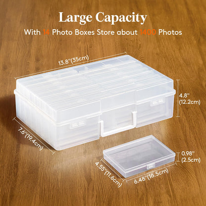 Lifewit Photo Storage Box 4x6 Photo Case, 14 Inner Photo Keeper, Clear Photo Boxes Storage with 1 Sheet Label Sticker, Plastic Craft Storage Box with lids for Cards Pictures Stamps Office Supplies