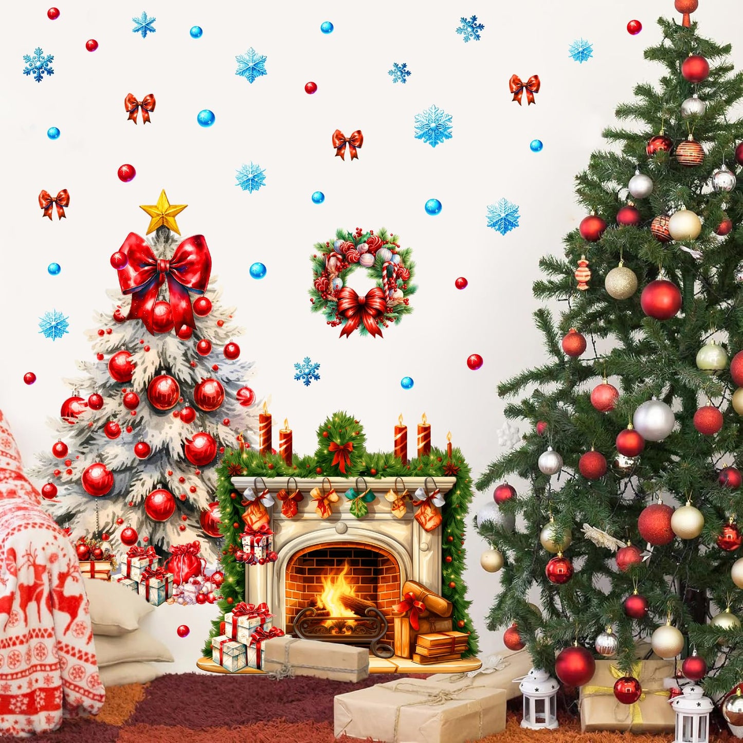 Christmas Tree Wall Stickers Xmas Fireplace Wall Decals Peel and Stick Winter Snowflake Wall Decals Winter Holiday Snow Fireplace Tree Window Decal Christmas Window Stickers Party Decorations