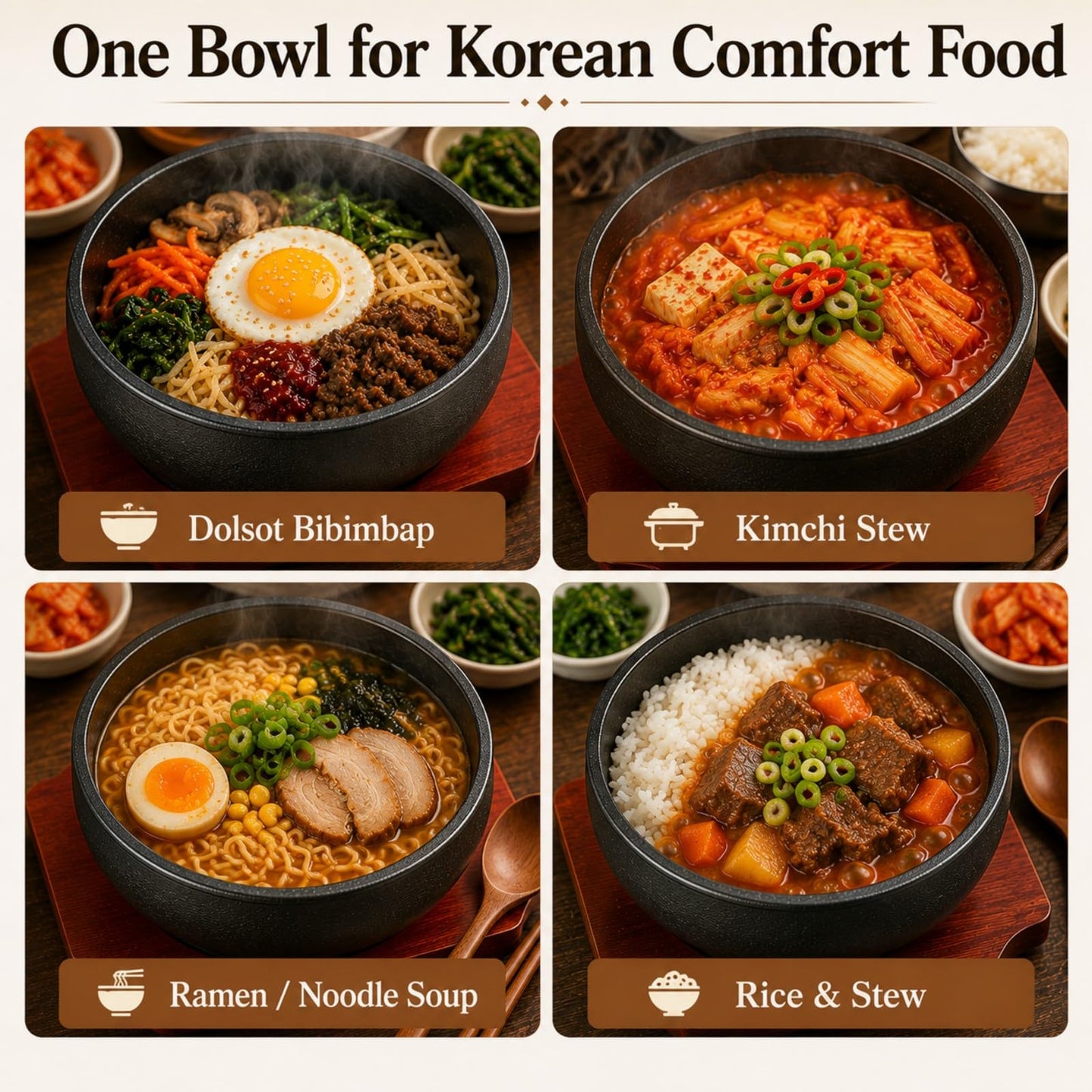 XICHENGSHIDAI Cast Iron Dolsot Bibimbap Bowl with Wooden Base, 31 oz Korean Sizzling Rice Bowl, Heat-Retaining Hot Pot Bowl for Soup, Rice, Stew and Korean Cooking