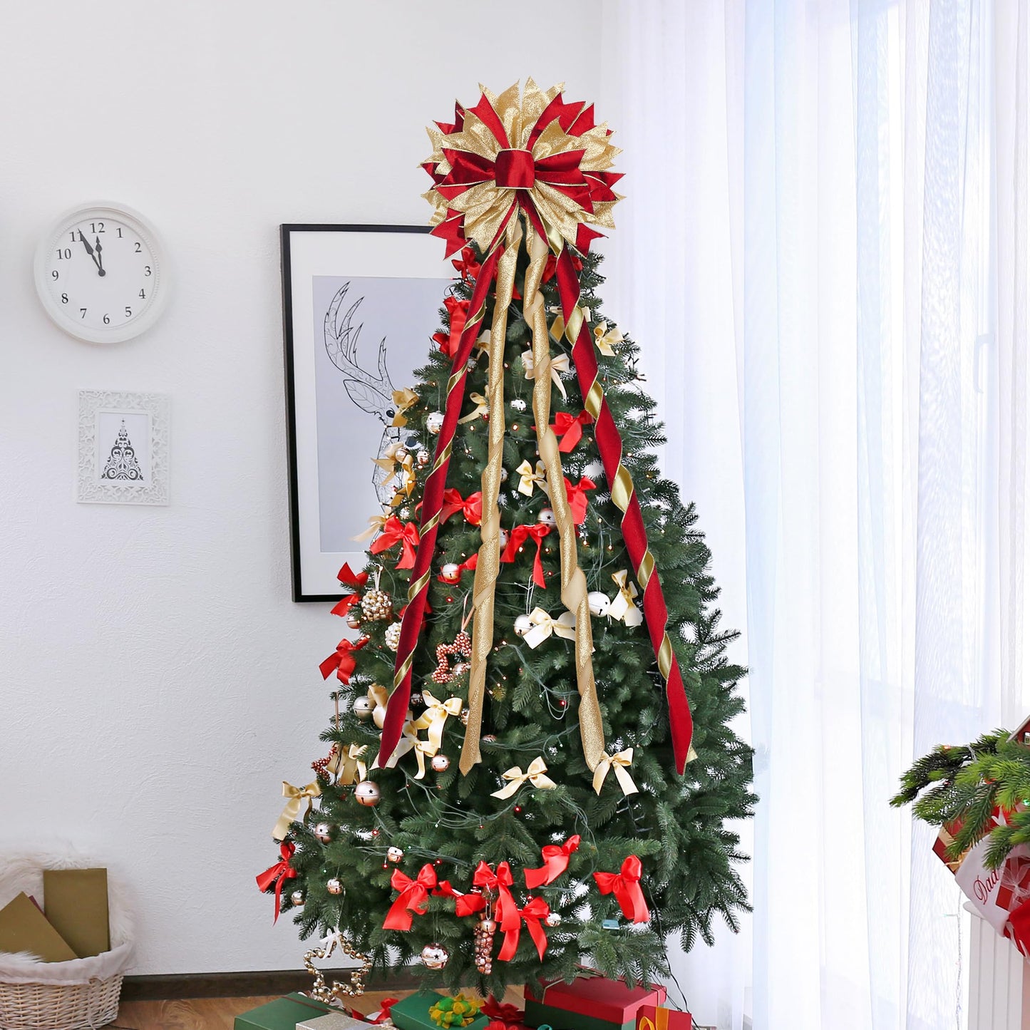Red Gold Christmas Tree Topper, 40x13 Inches Toppers Bow with Glitter Satin Mesh Streamer and Patterned Ribbon, Christmas Tree Topper Bow for Christmas Home Decoration