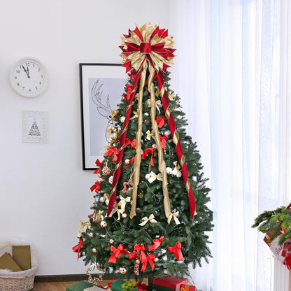 Red Gold Christmas Tree Topper, 40x13 Inches Toppers Bow with Glitter Satin Mesh Streamer and Patterned Ribbon, Christmas Tree Topper Bow for Christmas Home Decoration