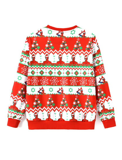 Marvel Family Sweatshirt Tops, Spider-Man Christmas Print Long Sleeve Casual Style Winter Pullover, Holiday Look Women Regular Fit, Red Sizes Medium