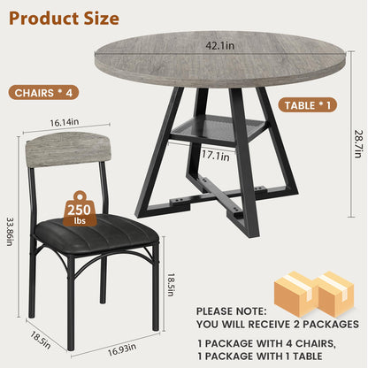 Round Dining Table Set for 4, Kitchen Table and Chairs for 4, Circle Table Round Pedestal Dining Room Dinner Dinette Table Set,5 Piece Space Saving Wood Kitchen & Dining Room Tables (Grey, 42In)