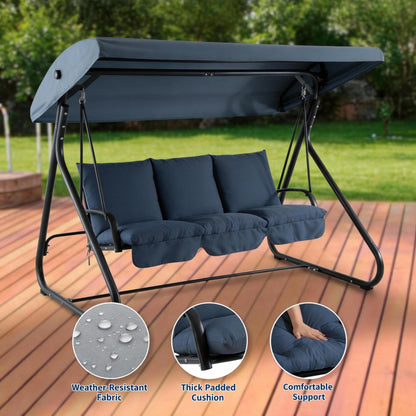 3-Seat Outdoor Convertible Swing Glider with Adjustable Canopy, 2-in-1 Bench to Flat Bed, Removable Cushions, Heavy-Duty Metal Frame, 750 LBS Weight Capacity for Patio, Backyard, Porch, Garden, Blue