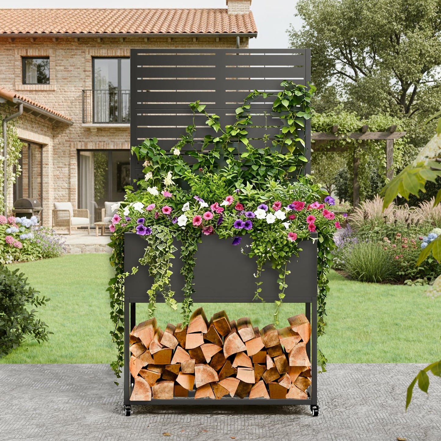 Metal Planter Box with Trellis, 3 in 1 Raised Garden Bed with Trelli & Firewood Rack, Privacy Planter Screen for Climbing Plants, Vine, Outdoor Garden Standing Beds with Drainage Holes, Wheels,Black