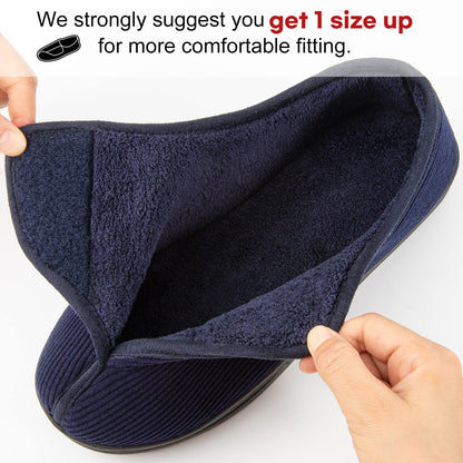 LongBay Men's Diabetic Wide Fit Memory Foam Slippers Comfy Warm Plush Fleece Arthritis Edema Swollen House Navy Blue 10UK