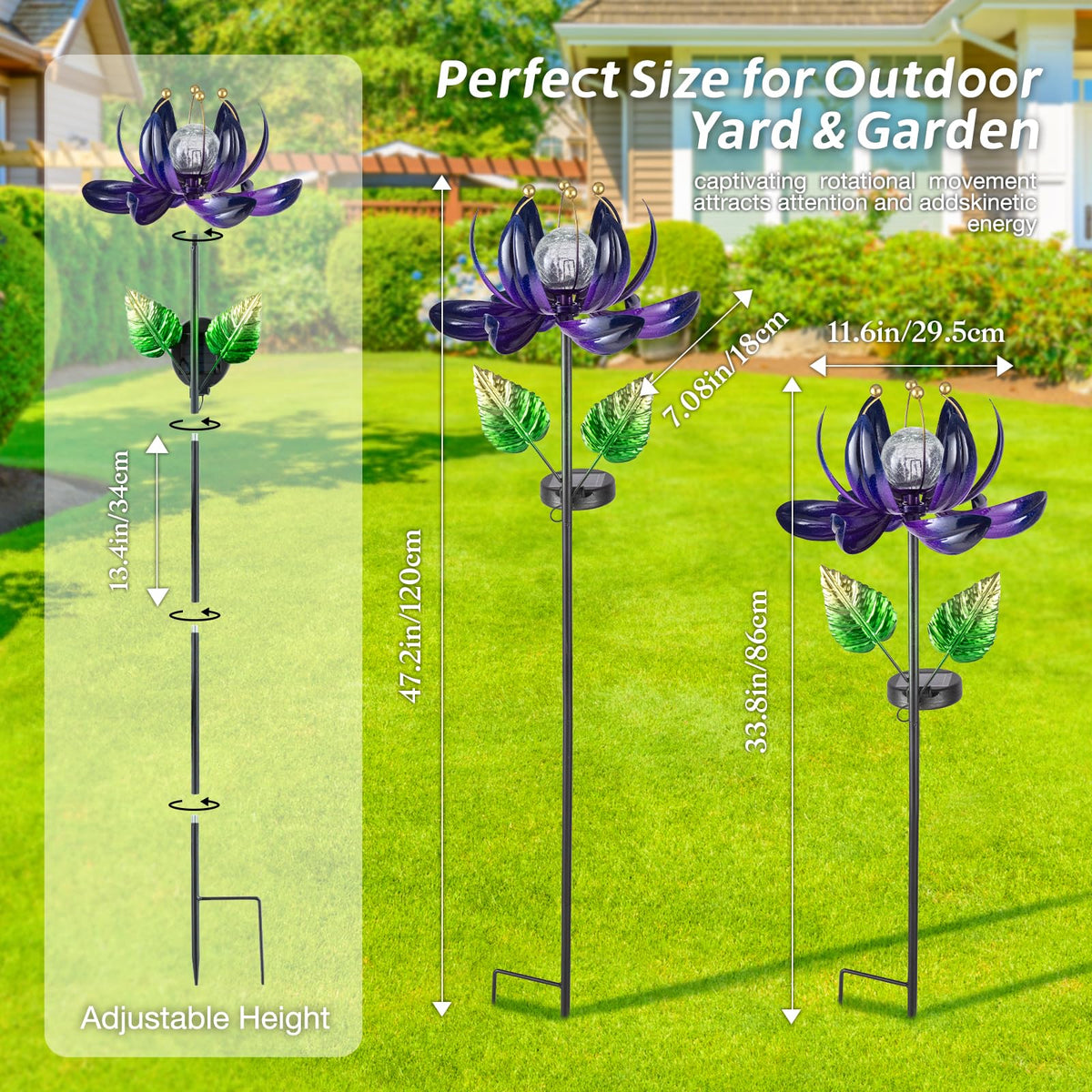 AIINY Solar Purple Metal Flower Wind Spinners, Colorful Spinning Windmill Lotus Yard Art Lights with LED Crystal Ball Decorative Stake Lighting Flower Sculpture