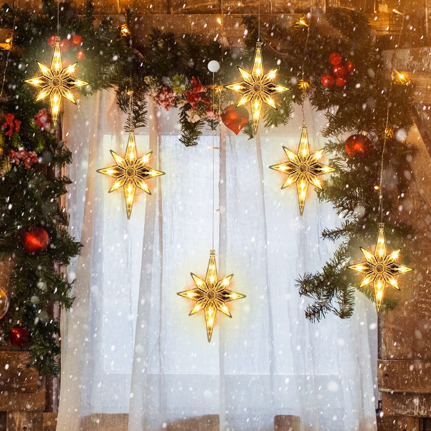 VIHOSE 6 Pcs 10.6 Inch Bethlehem Christmas Window Lights Plastic LED Lighted Christmas Window Silhouette Lights Large Hanging Xmas Tree Ornaments (Yellow)
