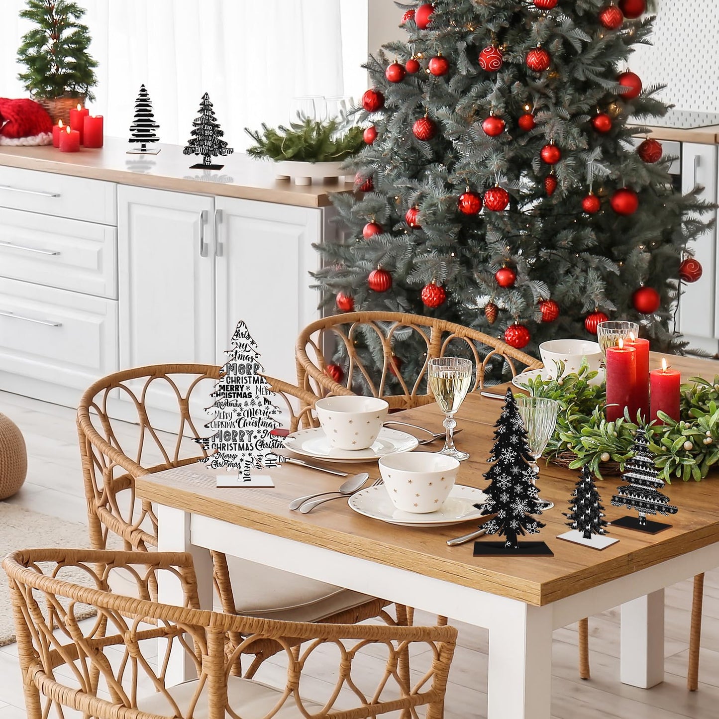 Cinrobiye 8 Pcs Christmas Table Decorations, Black White Christmas Tree Tabletop Centerpieces Farmhouse Rustic Wood Xmas Trees for Home Mantel Fireplace Winter Holiday Party Supplies Decor (Black)