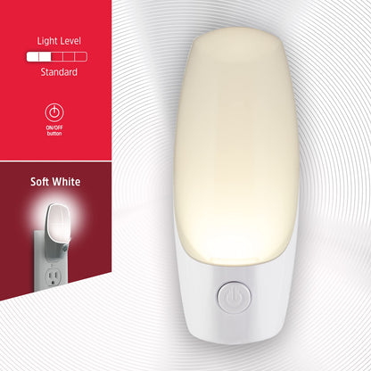 Energizer Manual On/Off LED Night Light Plug-in, Push Button, Compact, Contemporary, for Bedroom, Livingroom, Hallway, Bathroom, Nursery, Basement, White, 84135, 2 Pack