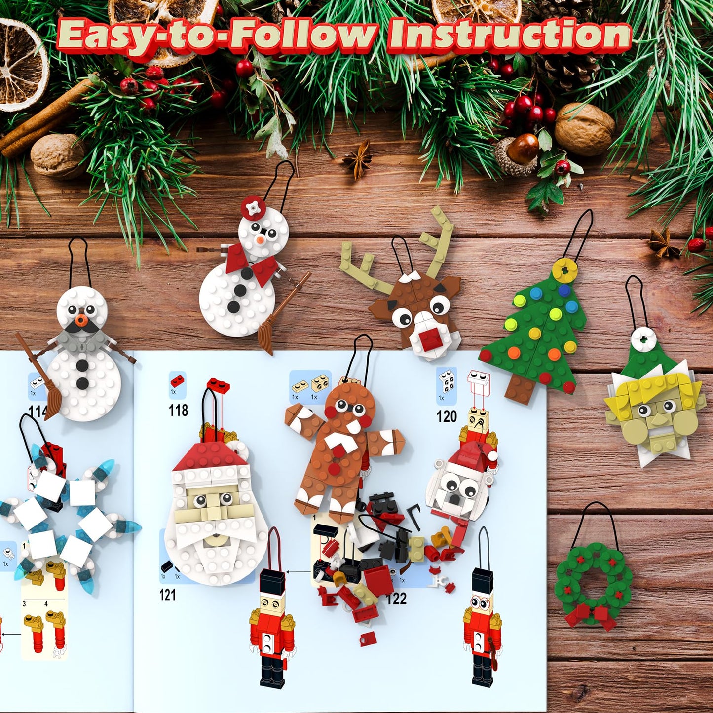 EIAVURPE Christmas Ornaments Building Set, 11-in-1 Christmas Tree, Wreath, Nutcracker, Gingerbread, Polar Bear, Snowflake, Reindeer, Santa, Stocking Stuffers Toy Gifts for Boys Girls Kids Ages 6+.